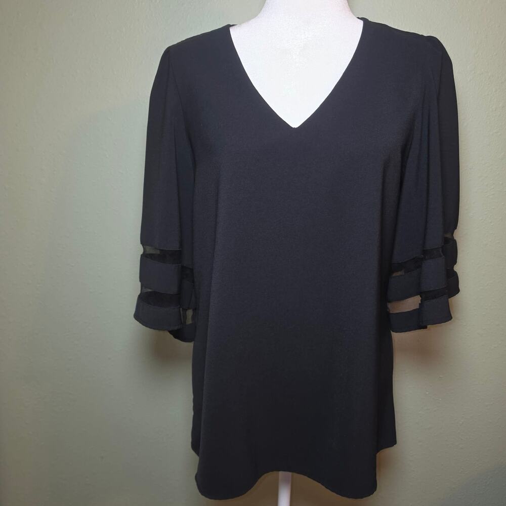 Black V-Neck Blouse Medium 3/4 Mesh Stripe Bell Sleeve Top